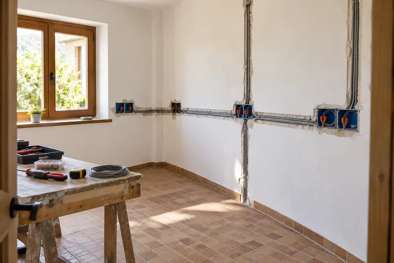 Visualización conceptual IA: Canalizaciones y cajas eléctricas durante la preparación de una cocina.