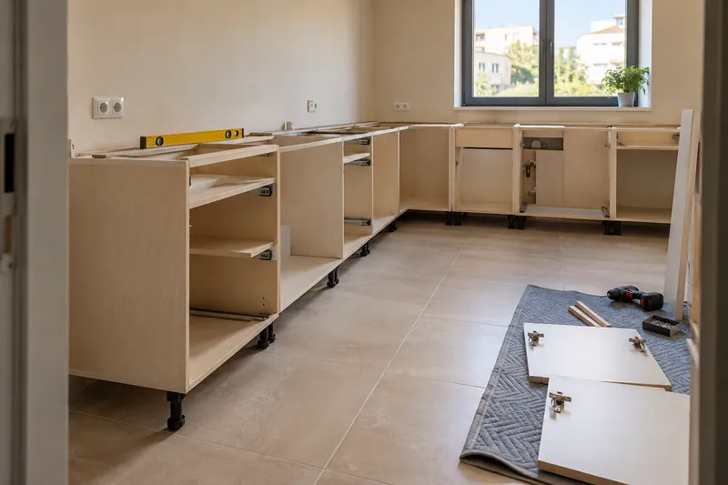 Visualización conceptual IA: Módulos de cocina en montaje con puertas pendientes de colocar.